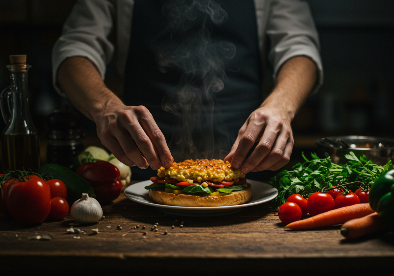 "Manos de chef blanco colocando un plato casero humeante en una mesa de madera rústica, rodeado de ingredientes frescos y bañado en luz natural."